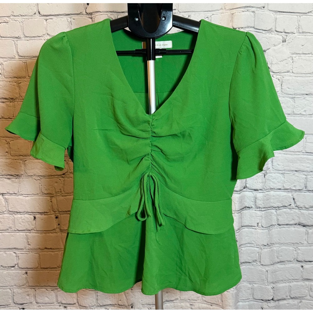 Monteau Los Angeles Green‎ Peplum Blouse Cinched Front Flutter Sleeve Size L
